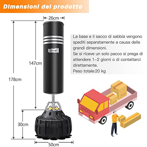 Dripex Sacco da Boxe da Terra Pesante 178cm Adulti ABS Base con 19 ventose Riempibile 80kg sabbia / 60kg acqua Pugilato Kickboxing