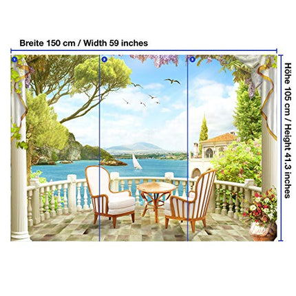 wandmotiv24 Carta da parati Balcone Villa Lake XS 150 x 105 cm - 3 parti Carta da parati fotografica, murale, carta da parati a motivi, carta da parati in tessuto non tessuto M1071