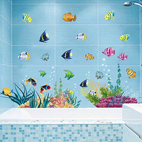 WandSticker4U®- adesivi murali bagno MONDO SOTT´ACQUA (130x42 cm) I impermeabile piastrelle murales adesivi parete pesci mare piante acquario marino I Decorazione per cameretta bambini ragazzi/e