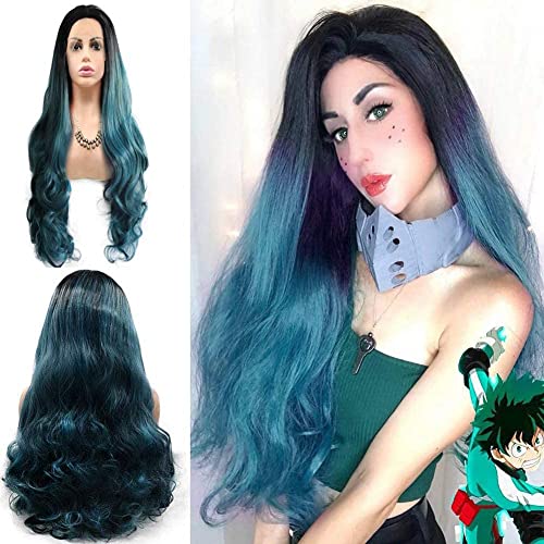 Parrucche lunghe ondulate blu verde pizzo anteriore per donna capelli ombre di colore misto con radici scure parrucca sintetica resistente al calore festa cosplay Halloween uso quotidiano 61 cm