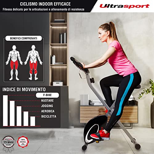 Ultrasport F-Bike, Bicicletta Trainer, Fitness Bicicletta LCD Computer allenamento, Cyclette pieghevole, Max. Peso 110 kg, misurazione pulsazioni, 8 livelli resistenza, ruota rifinitura, Argento/Nero