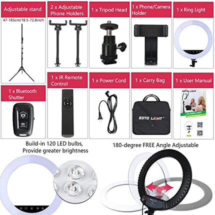 Luce ad anello a LED da 18 pollici aggiornata con supporto per treppiede, luce ad anello per selfie con pannello a sfioramento per riprese video Vlog con borsa per il trasporto e telecomando, CRI>90