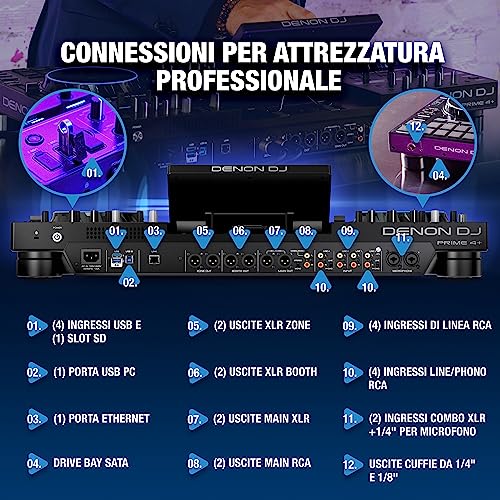 Denon DJ PRIME 4+ Controller indipendente a 4 deck per DJ con streaming Wi-Fi, Drop Sampler, schermo touch da 10,1", controllo luci ed effetti