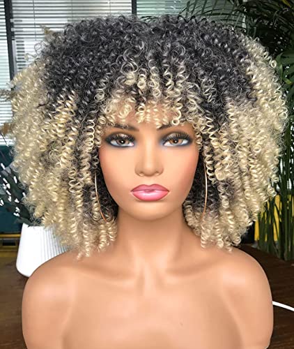 Parrucca afro Kinky Ombre biondo per donna parrucche corte per donne parrucche sintetiche Wig con frangia parrucca riccia naturale T1B/613 DE036S