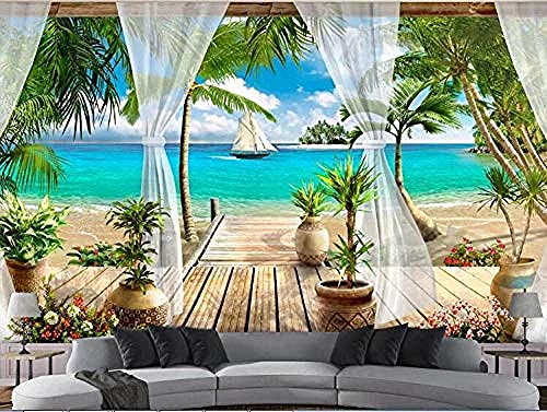 XHXI Carta da parati fotografica Stile nordico Colonna romana Spiaggia Vista mare Sfondo 3D Carta da parati Soggior 3D Carta da parati fotomurali poster murale Soggiorno camera letto-150cm×105cm