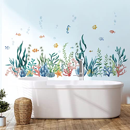 decalmile Adesivi Murali Sotto il Mare Alghe Oceaniche Adesivi da Parete Pesci Marina Baseboard Decorazione Murale Bagno Camerette Bambini Camera da Letto