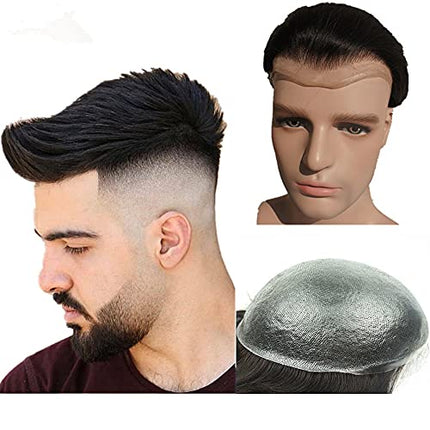 Parrucca Uomo PU Toupet Pezzi di Capelli Umani Europei per Gli Uomini Sostituzione dei Capelli Sistema 8×10 Pollici Parrucche 0.06 Centimetri di Spessore Uomini Parrucca in Off Black