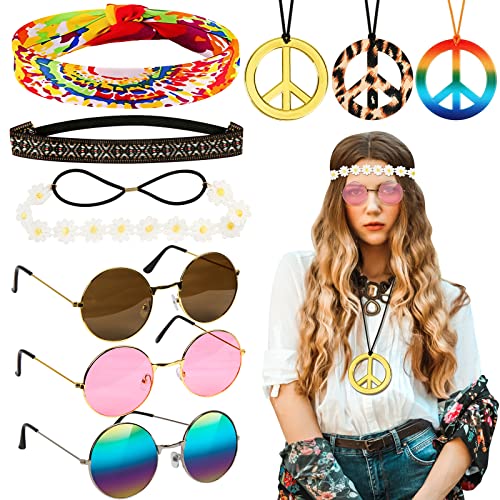 LOHAME 9pz Hippie Costume Set Retrò Accessori Hippie Costume Bohemia Set Costume Anni '60 anni '70-Occhiali da Sole Collana con Segno di Pace Fascia Hippie-per Festa Spiaggia Viaggio Foto Regalo