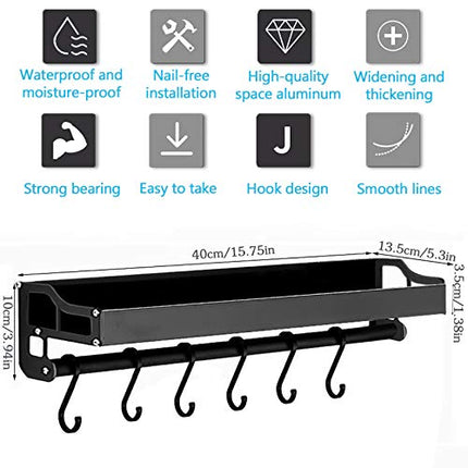MUOIVG Mensole Cucina,Mensola Organizer con 6 ganci rimovibili, Porta Utensili da Cucina, porta spezie da parete,organizer cucina， Alluminio, Finitura Opaca,per corridoio bagno cucina