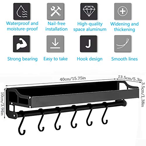 MUOIVG Mensole Cucina,Mensola Organizer con 6 ganci rimovibili, Porta Utensili da Cucina, porta spezie da parete,organizer cucina， Alluminio, Finitura Opaca,per corridoio bagno cucina