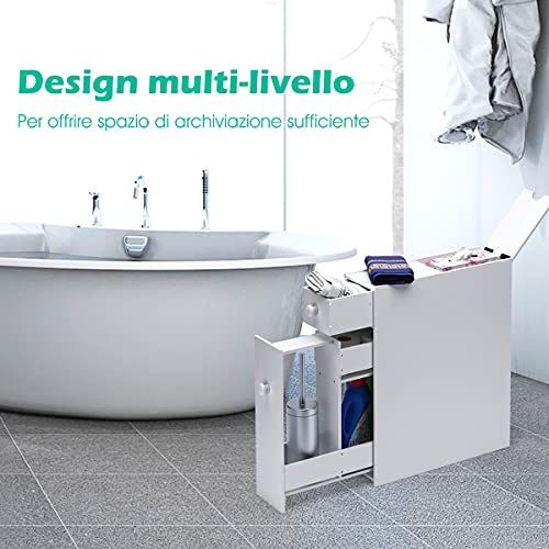 RELAX4LIFE Armadietto Salvaspazio da Bagno con Cassetti, Mobiletto Sottile per Gabinetto in Legno, Armadietto Laterale da Terra, Armadietto Versatile, 58 x 48,5 x 16 cm (Bianco)