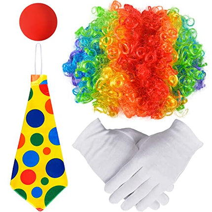 Costume Clown - 4 pezzi, Parrucca Riccia da Clown Naso da Pagliaccio Cravatta Colorata Guanti Bianchi, Costume Carnevale Donna Costume Halloween Bambino Cosplay Uomo