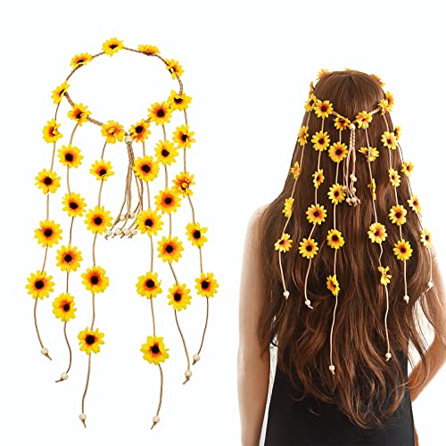 Accessori per Capelli di Girasole, Fascia per Capelli Hippie Ghirlanda Floreale Boho con perline Loop regolabile per ragazze donne bambini matrimonio viaggio partito Haarband mit gelben Gänseblümchen