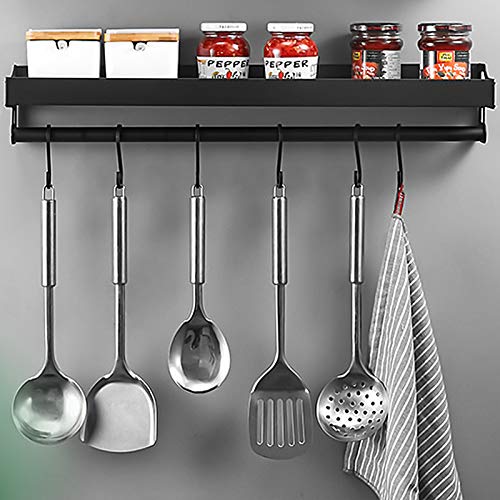 MUOIVG Mensole Cucina,Mensola Organizer con 6 ganci rimovibili, Porta Utensili da Cucina, porta spezie da parete,organizer cucina， Alluminio, Finitura Opaca,per corridoio bagno cucina