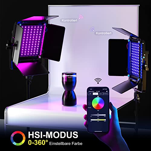 GVM RGB, lampada video LED RGB con treppiede, controllo APP LED, illuminazione video, per YouTube, CRI97, 3200-5600 K, luce studio (2 pezzi)