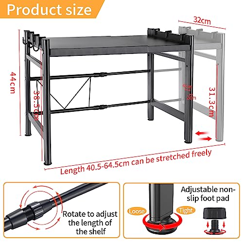 DICLLY Mensola Microonde Estensibile 2 Livelli,Scaffale Cucina Regolabile in Acciaio Carbonio (36,5-60,5cm),Organizer Salvaspazio con 4 Ganci,Carico fino a 25kg,Adatto per Forno a Microonde (Nero)