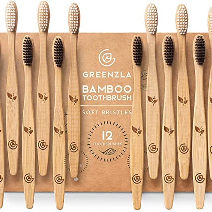 Greenzla Spazzolini Bamboo (Set da 12) | Spazzolini da denti a setole morbide senza BPA | Set di spazzolini da denti in bambù naturale ecologico | Spazzolini da denti biodegradabili e compostabili
