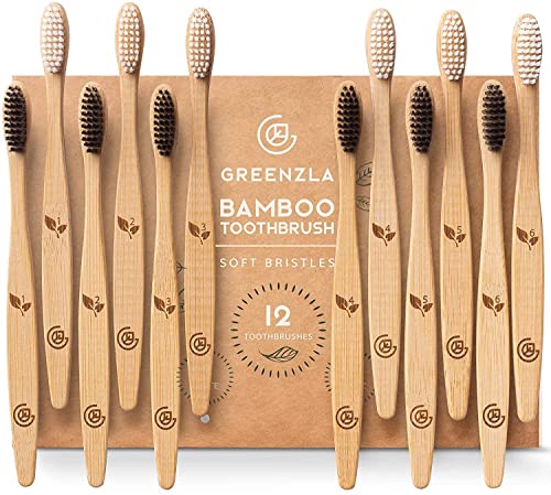 Greenzla Spazzolini Bamboo (Set da 12) | Spazzolini da denti a setole morbide senza BPA | Set di spazzolini da denti in bambù naturale ecologico | Spazzolini da denti biodegradabili e compostabili