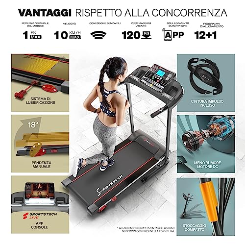 Sportstech - F10 Tapis Roulant Pieghevole, 1HP Tapis Roulant Professionale con 3 Livelli Di Inclinazione (Fino A 18°), A Bassa Rumorosità Tapirulan Pieghevole con Cinturino per Il Polso E Console LCD