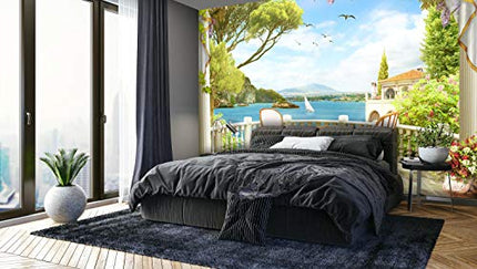 wandmotiv24 Carta da parati Balcone Villa Lake XS 150 x 105 cm - 3 parti Carta da parati fotografica, murale, carta da parati a motivi, carta da parati in tessuto non tessuto M1071