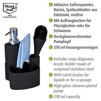 WENKO Set lavastoviglie Empire 4 in 1: dispenser di detersivo, porta strofinacci e organizer, ceramica di alta qualità con superficie morbida al tatto, capacità 250 ml, 11 x 19 x 12,5 cm, nero