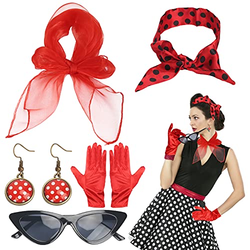 LOPOTIN 5pcs Accessori Costumi Anni '50 Occhiali da Sole Rotondi Accessori per Costumi Stile Vintage Fascia per Capelli Anni '50 Orecchini Pois Sciarpa Rossa per Festa Compleanno Carnevale e Laurea.