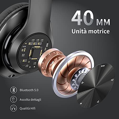 Cuffie Bluetooth Over Ear, 60 Ore Di Riproduzione, Cuffie Wireless 6 EQ Modalità Di Suono con Filo, Cuffie con Microfono Stereo HiFi, USB C, SD/TF, FM, Cuffie Bluetooth 5.0 per Sport Viaggio, Studio