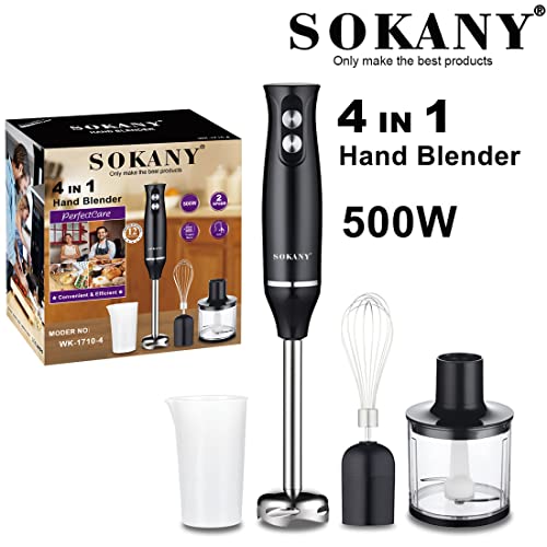 SOKANY Frullatore Immersione 500W 4-in-1 frullatore multifunzionale, Frullatore (bicchiere 700 ml), Tritatutto (500 ml), Frusta per montare, 2 velocità, zuppe, yogurt, salse, Frusta