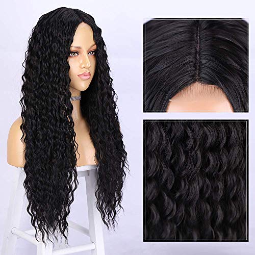 Parrucca riccioli neri per le donne ondulate lunghe parrucche anteriori in pizzo sintetico 130% densità naturale Wig Afro donne peruzzi DE067A