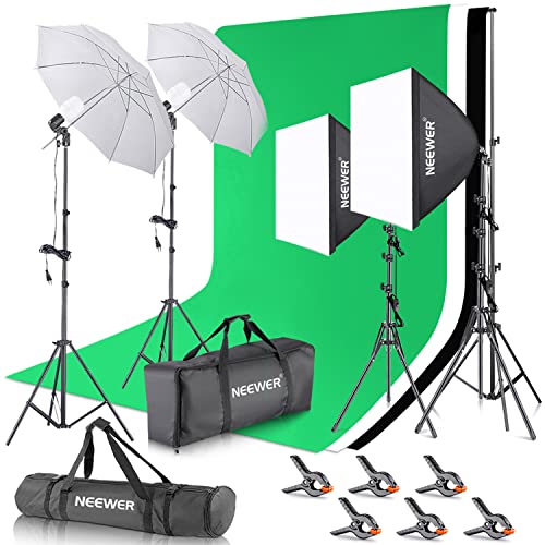 NEEWER Kit di Illuminazione per Fotografia con Supporto per Fondale 2,6x3 m, Lampadine LED 5700K Equivalenti a 800W Ombrello Softbox Illuminazione Continua, Attrezzatura per Prodotti Ritratti