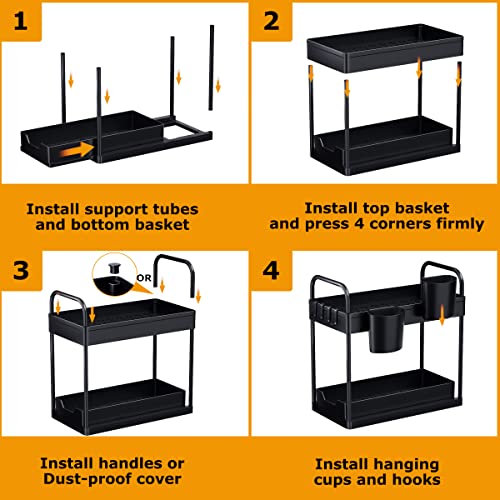 Organizer Sottolavello Cucina 2 Livelli, Organizzatore Sotto il Lavandino con 2 Maniglie, Scorrevole Scaffale Portaoggetti con 4 Ganci e 2 Tazza Appesa, Estraibile Cassetti per Bagno (Nero-2Pezzi)