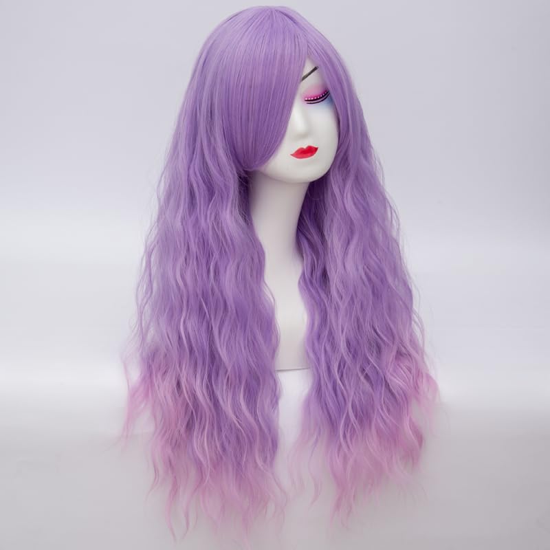 Parrucca viola con frangia lunga parrucca per donne capelli sintetici uso quotidiano Halloween Cosplay parrucche viola con rosa DE081B