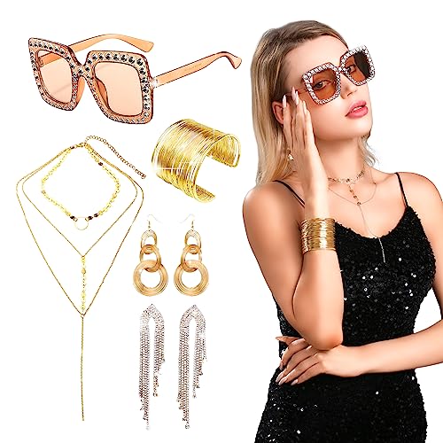 LaVenty Lusso Oro Discoteca Partito Outfit Donne Discoteca Partito Accessori Discoteca Palla Orecchini Discoteca Collana Strass Occhiali 70s Disco Party Supplies Club Musical Festival Outfit