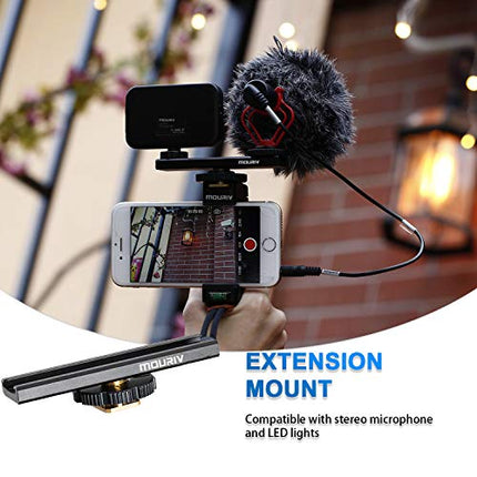 Smartphone Video Rig, Mouriv Stabilizzatore di Muggine di Vlogging di Registrazione Filmmaking per iPhone Con Cardioidi Microfono, Luce LED Video, Barra Estensione Allenamento Solido in Alluminio