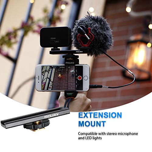 Smartphone Video Rig, Mouriv Stabilizzatore di Muggine di Vlogging di Registrazione Filmmaking per iPhone Con Cardioidi Microfono, Luce LED Video, Barra Estensione Allenamento Solido in Alluminio