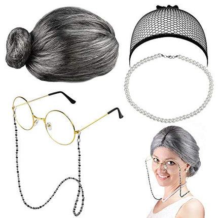 EMAGEREN Kit Parrucca da Nonnina per Travestimento Grigio Nonna Parrucca Nonna Occhiali Collana di Perle Artificiali Gioielli Parrucca Realistica ed Elegante per Feste, Cosplay e Costumi