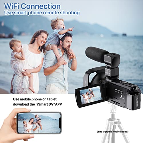 Videocamera 4K, UHD 48MP 60FPS, Wi-Fi IR Visione Notturna Camera, 16X Zoom Digitale 3.0" IPS Touch Screen Ruotabile 270 ° , youtube con Microfono,Telecomando, Stabilizzatore, Paraluce