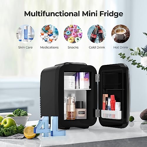 Tiastar Mini Frigo Portatile, 4 Litri /6 Lattine di Bevande e Cura Della Pelle Mini Frigorifero per Camera da Letto, Auto, Scrivania dell'ufficio, Due Marce - Raffreddatore e Scaldino (Nero)