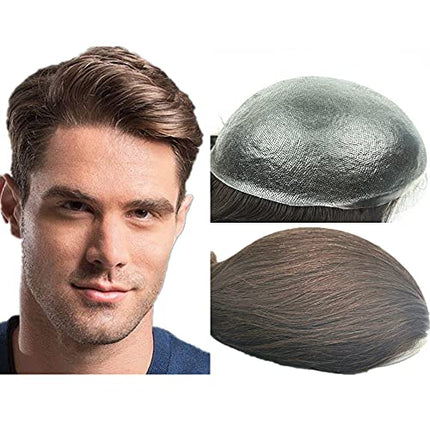 Parrucca Uomo PU Toupet Pezzi di Capelli Umani Europei per Gli Uomini Sostituzione dei Capelli Sistema 8×10 Pollici Parrucche 0.06 Centimetri di Spessore Uomini Parrucca in Marrone Chiaro