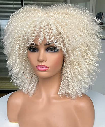Parrucca afro Kinky biondo per le donne parrucche corte ricci per le donne sintetiche Wig con frangia parrucca riccia naturale 613# DE036M