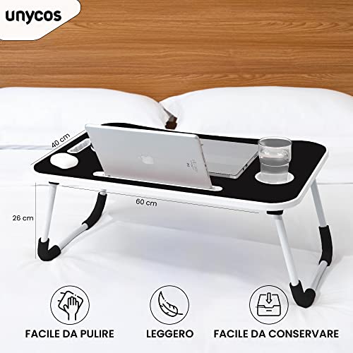 unycos - Scrivania Pieghevole Salvaspazio, Tavolo Pieghevole Multifunzione da Letto, Supporto PC Portatile, Vassoio da Letto Resistente, Facile da Riporre 60cm x 40cm x 26cm (Nessun Cassetto)