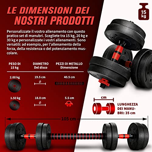 RE:SPORT Set di manubri 2 in 1 15kg | regolabili | corti e lunghi | Chiusure a stella e tubo di collegamento