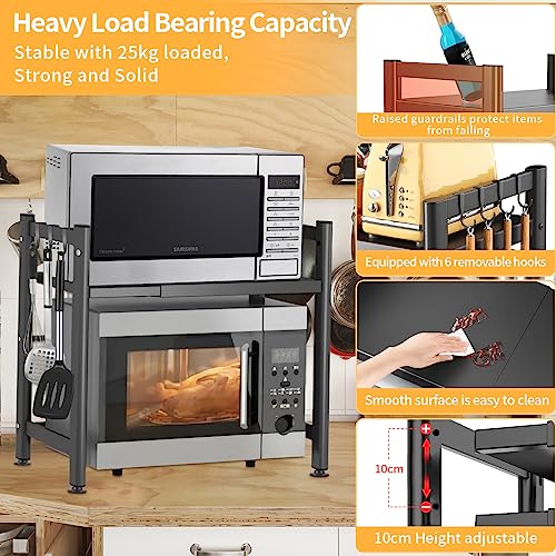 DICLLY Mensola Microonde Estensibile 2 Livelli,Scaffale Cucina Regolabile in Acciaio Carbonio (36,5-60,5cm),Organizer Salvaspazio con 4 Ganci,Carico fino a 25kg,Adatto per Forno a Microonde (Nero)