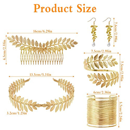5 Pezzi Corona Della Dea Oro, Foglia Corona Capelli Accessori da sposa, Dea Greca Costume Accessori Braccialetto Orecchini Copricapo per Donne in Festa di Nozze Uso Quotidiano di Halloween