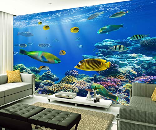 XAONUO Spiaggia Carta Da Parati Adesiva Muro Quadri Soggiorno Xxl Poster 3D Murales Parete Della Priorità Spiaggia Pesce Blu 350X254Cm Fondali Fotografia Decorazioni Pareti