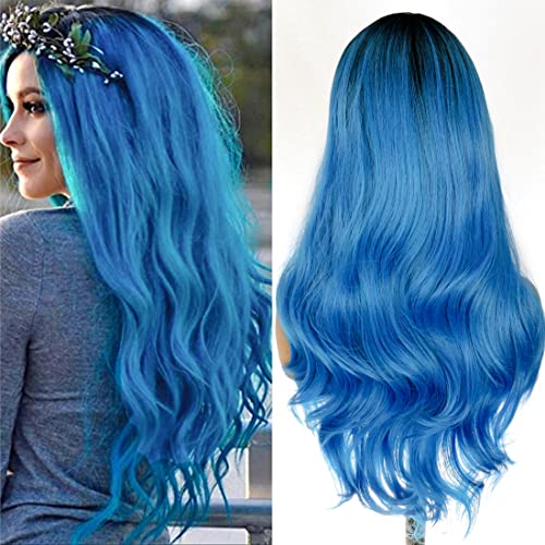 PORSMEER Parrucche lunghe ondulate per donne parrucche sintetiche per capelli ricci, in fibra resistente al calore, naturale Ombre blu parrucche per donna 65 cm