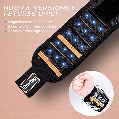 Rovtop Bracciale Magnetico con 15 Magneti Robusti Braccialetto Magnetico Regalo Uomo Originale Gadget Utili Multitool bracciale magnetico porta viti Idee Regalo Natale Festa del Papà Compleanno Regali