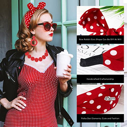 BETESSIN Travestimento Anni 50 Donna 4pz Accessori Costume Vintage Anni 50 Cerchietti per Capelli Collana Occhiali Orecchini a Pois Travestimento ‘50 per Carnevale Festa di Travestimento Rosso