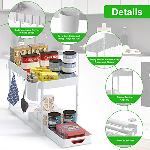 SKYSER organizer sottolavello cucina a 2 Livelli, con 4 Ganci, 8 tappetini Antiscivolo e 1 Tazza appesa organizzatore portadetersivi sotto lavello da cucina (Bianco)