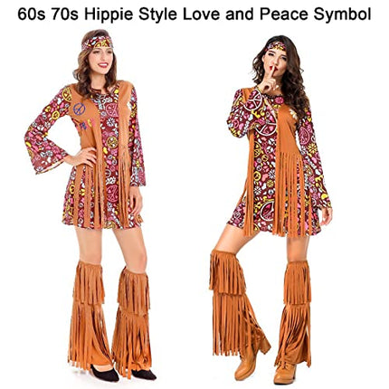 Gohytal Costume Hippie da Donna Anni '70 Anni '80, con Giubbotto con Frange Orecchini con Simbolo Della pace e Degli Anni '70 per Costume da Carnevale da Donna, Karneva Discoteca, Festa in Costume-M